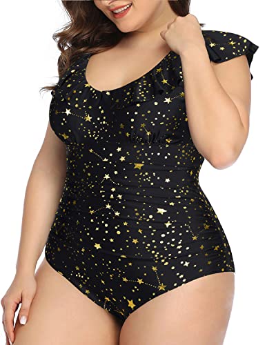 Cute Ruffled Falbala Plus Size One Piece Swimsuit For Women-Gold Stars