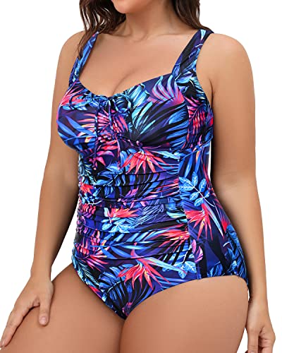 Vintage Plus Size Tummy Control Swimwear For Women-Blue Leaves