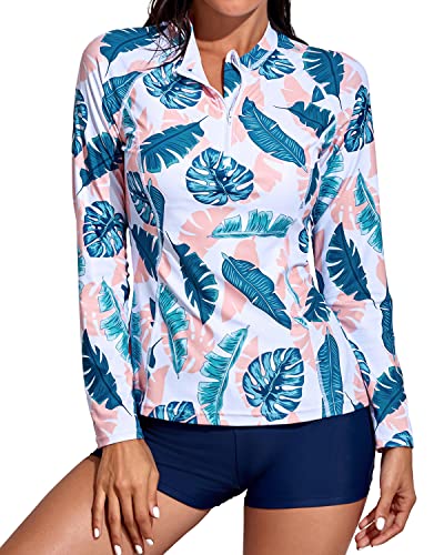 Two Piece Women's Long Sleeve Rash Guard Bathing Suit Zipper-Blue Pink Leaves