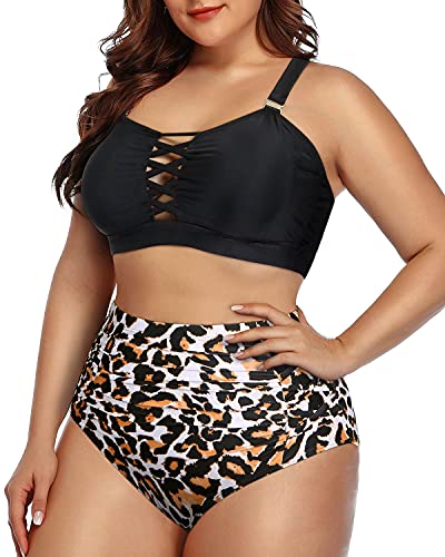 Criss Cross High Waisted Bikini Swimsuit For Plus Size Women-Black And Leopard