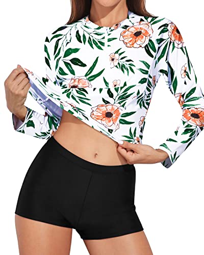 Women's Zippered Long Sleeve Rash Guard Swimsuit Boy Shorts-White Floral