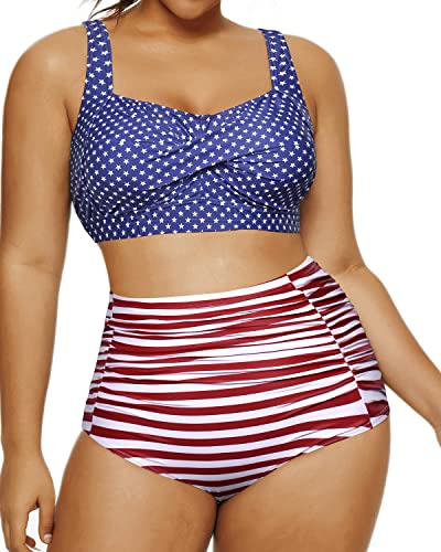 Vintage Twist Front Plus Size Swimsuits High Waisted Bikini Set Twisted Front Bikini-Flag