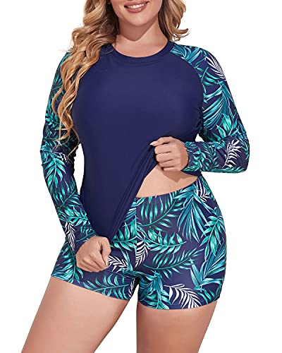 Women's Plus Size Rash Guard Tankini Boyshorts-Navy Blue Leaf