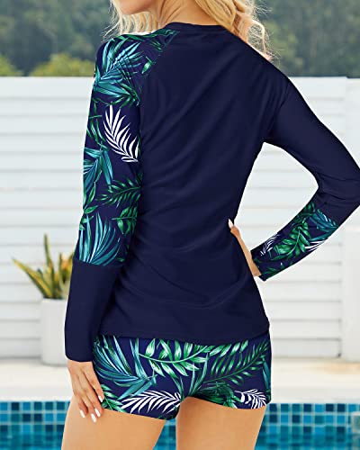 Breathable Uv Block Swimsuits Long Sleeve Swimming Suits Women-Navy Blue Leaf