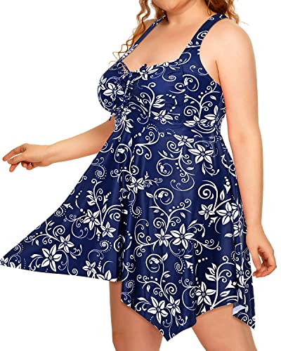 Ruffled Irregular Hem Plus Size Two Piece Swimdress-Blue Flower