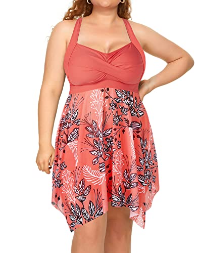 Plus Size Two Piece Mesh Swim Dress Boyshorts For Women-Pink Flower