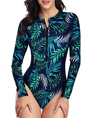 Women's Water Sports Long Sleeve Rash Guard Swimsuit-Blue Leaf