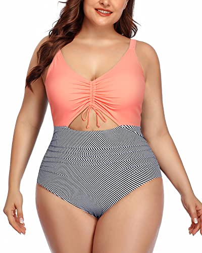 Sexy Cutout V-Neck Plus Size Monokini Swimsuits-Coral Pink Stripe