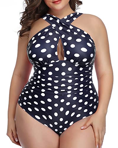 Ruched Tummy Control Front Cross One Piece Swimsuits-Blue Dots