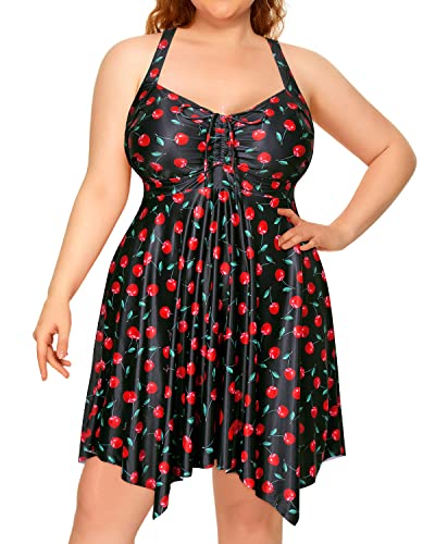 Plus Size Flowy Tankini Swimdress Boyshorts For Women-Black Cherry