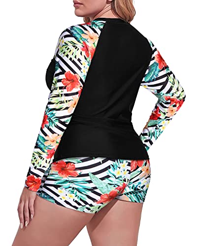 Plus Size Long Sleeve Rash Guard Swimsuit Set Boy Short Swimwear-Black And Striped Leaves