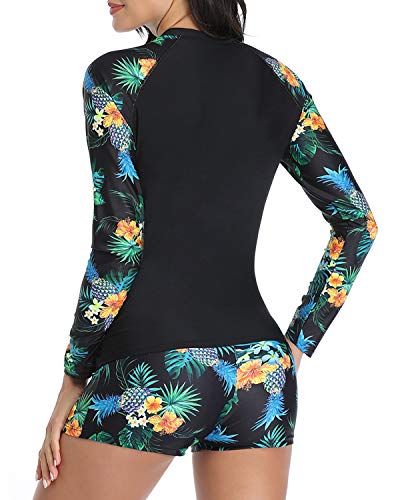 Women's Long Sleeve Two Piece Swimwear Set Uv Protection-Black Pineapple