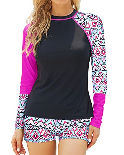 Women's Raglan Sleeves Rashguard Boyshort Bottoms Two Piece Crew Neck Long Sleeve Rashguard-Pink Black Geometry