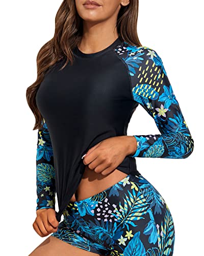 Upf 50+ Sun Protection Swim Shirt Rashguard Top For Ladies-Tropical Leaves