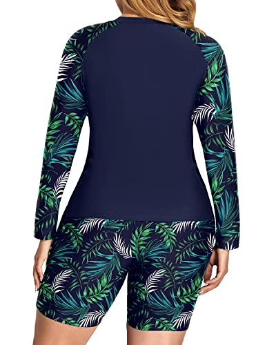 Athletic Women's Rash Guard Tankini Boy Shorts Bottom-Navy Blue Leaf