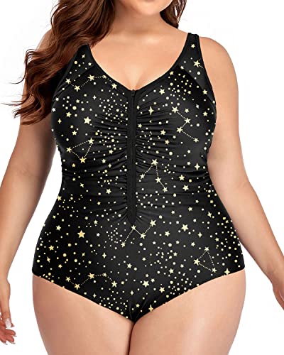 Ruched Tummy Control Zip Front Plus Size One Piece Swimsuit-Gold Stars