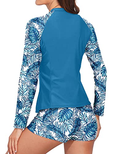 Supportive 2 Piece Rash Guard Bathing Suit For Women-Blue Leaf