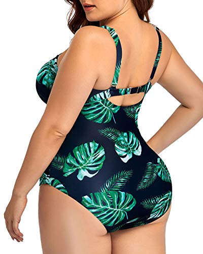 Comfortable Wide Strap One Piece Swimsuits For Curvy Women-Black And Green Leaf