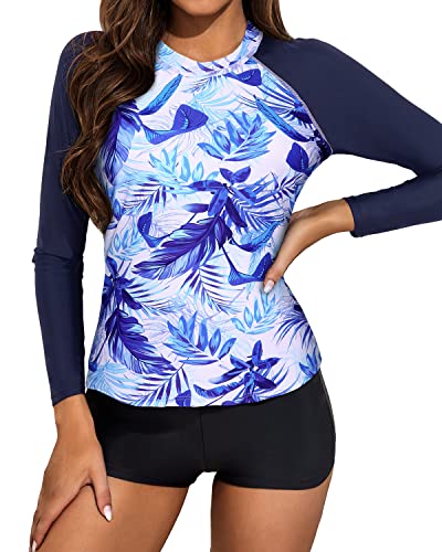 Sporty And Fashionable Ladies Long Sleeve Rash Guard Swimsuit-Blue And White Leaf