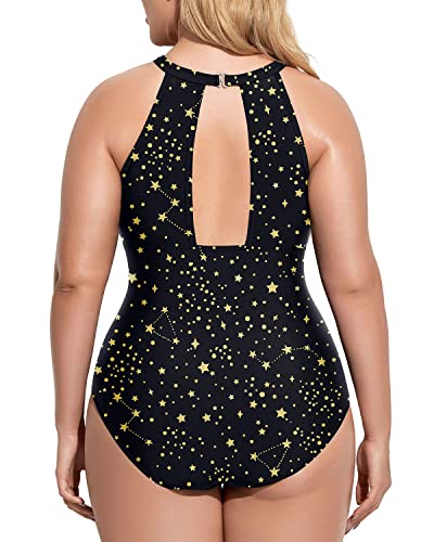 Women's Stylish Mesh-Plunge Plus Size Swimsuit-Gold Stars