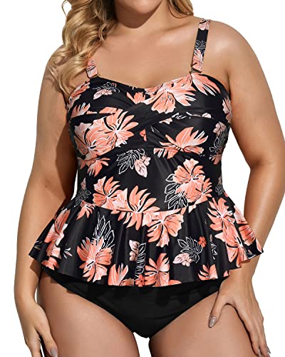 Peplum Twist Front Two Piece Tankini Set-Black Orange Floral