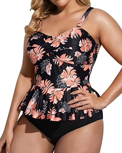 Peplum Twist Front Two Piece Tankini Set-Black Orange Floral