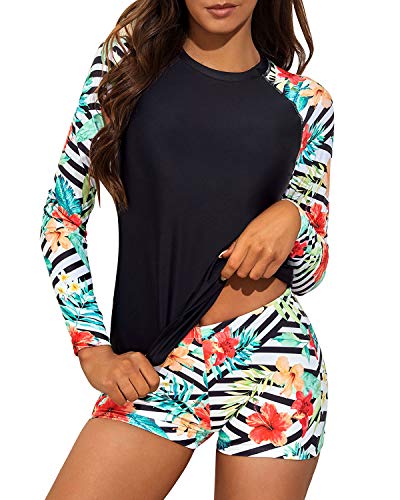 Crew Neck Two Piece Womens Rash Guard Swimsuit-Black And Striped Leaves