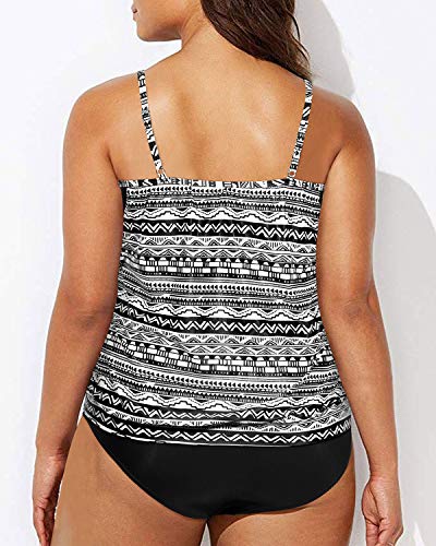 Mom Belly Coverage Plus Size Tankini Swimsuits-Black White Stripe