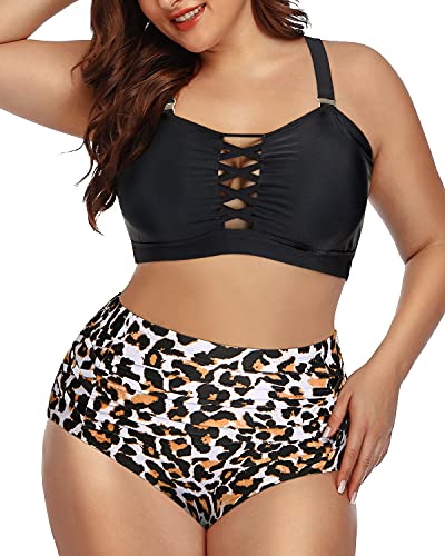 Criss Cross High Waisted Bikini Swimsuit For Plus Size Women-Black And Leopard