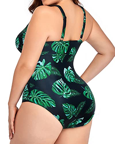 Comfortable And Attractive Plus Size Backless Bathing Suit-Black And Green Leaf