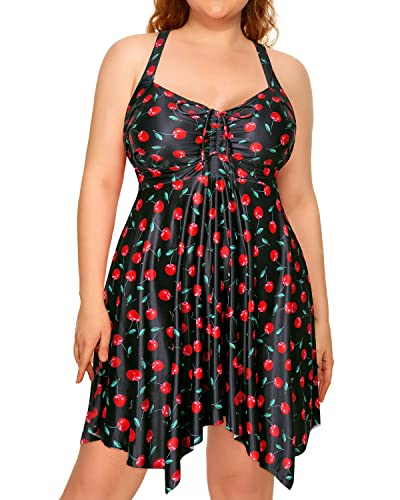 Plus Size Flowy Tankini Swimdress Boyshorts For Women-Black Cherry