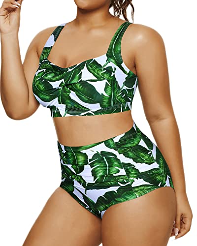 Two Piece Retro High Waisted Swimsuit Ruched Bottom-Green Leaf