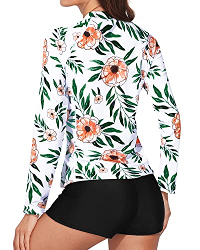 Women's Zippered Long Sleeve Rash Guard Swimsuit Boy Shorts-White Floral