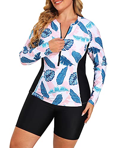 Plus Size Long Sleeve Zip-Front Rash Guard Swimwear For Ladies-White Leaf