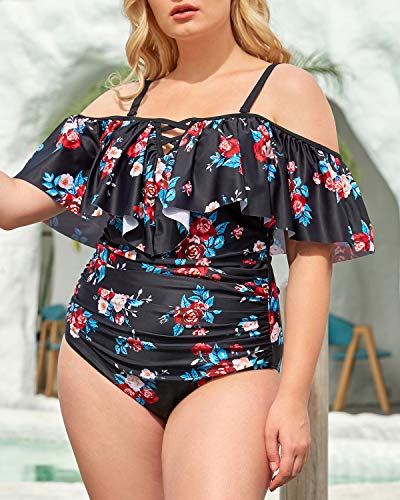 High Neck Ruched Plus Size One Piece Swimsuits-Black Floral