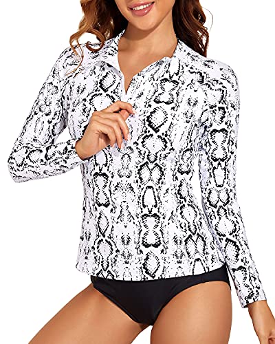 Women's Long Sleeve Rash Guard Upf 50-White Snake