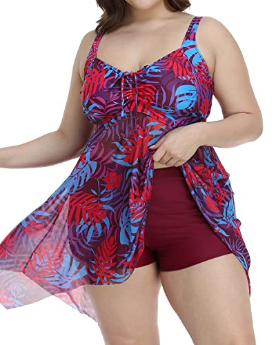 Retro Mesh Two Piece Swim Dress Boyshorts For Plus Size Women-Purple Leaf