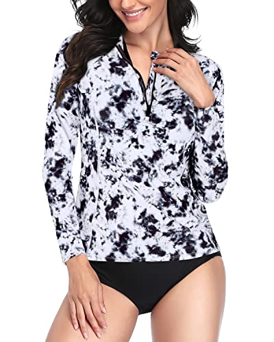 Long Sleeve Upf 50 Rash Guard Bathing Suit For Women-Black And White Tie Dye