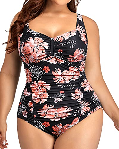 Removable Padded Push Up Bra Swimsuits For Plus Size Women-Black Orange Floral