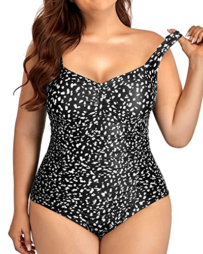 Vintage Ruched Push Up Plus Size Swimsuit For Curvy Women-Black Dot