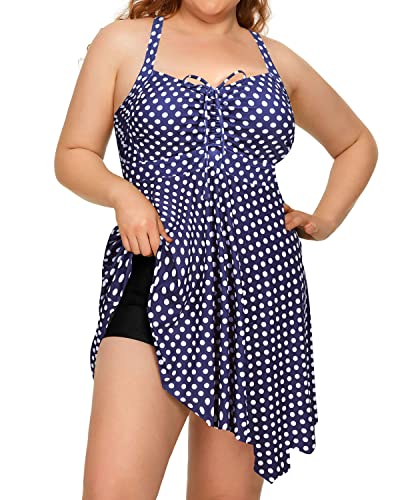 Stylish And Comfortable Plus Size Two Piece Swimdress Boyshorts For Women-Blue Dot