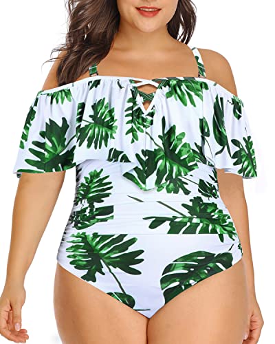 Retro Style Tummy Control Plus Size Ruffled Swimsuit-White Leaf