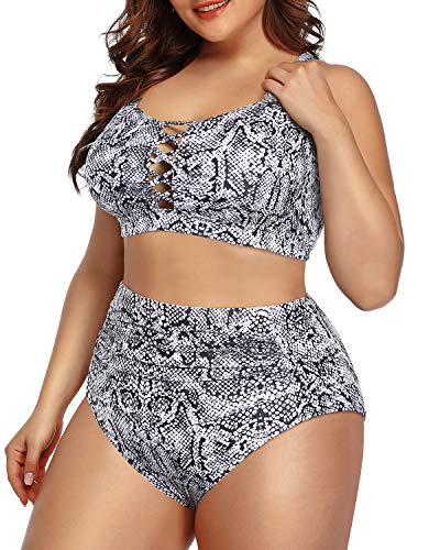 Front Lace Up Ruched Tummy Control Bikini For Plus Size Women-Orange Snake Print