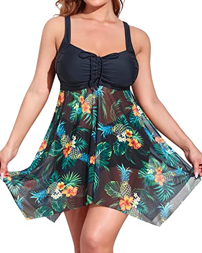 Drawstring Chest Tankini Swim Dress Boyshorts For Plus Size Women-Black Pineapple