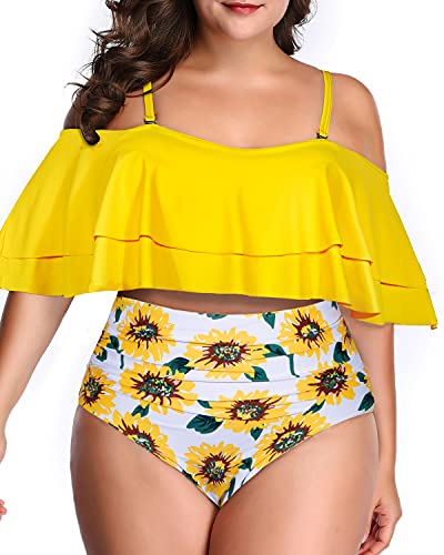 Tummy Control High Waist Off Shoulder Plus Size Two Piece Bikini-Yellow And Sunflower