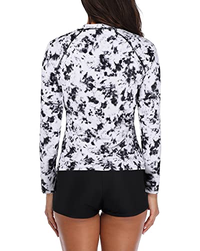 Ladies Two Piece Long Sleeve Rash Guard Bathing Suit-Black And White Tie Dye