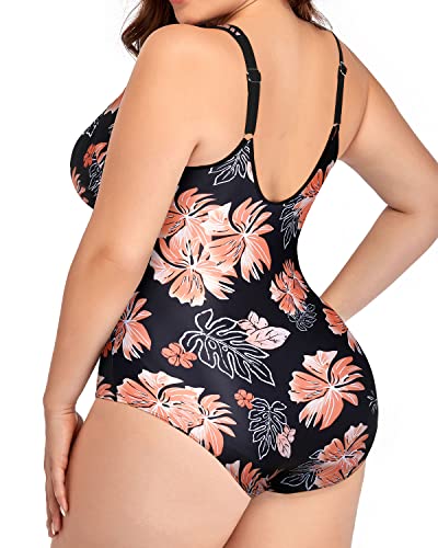 Athletic Plus Size One Piece Zipper Swimsuits For Water Sports-Black Orange Floral