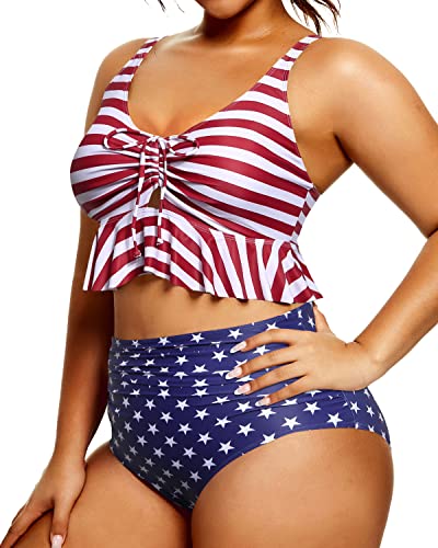 Chic And Sexy Flounce Hemline High Waisted Bikini Plus Size-National Flag