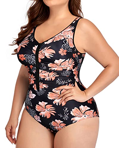 Athletic Plus Size One Piece Zipper Swimsuits For Water Sports-Black Orange Floral