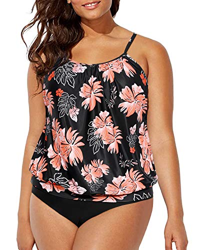 Women's Plus Size Layered Maternity Tankini Swimsuits-Black And Orange Floral